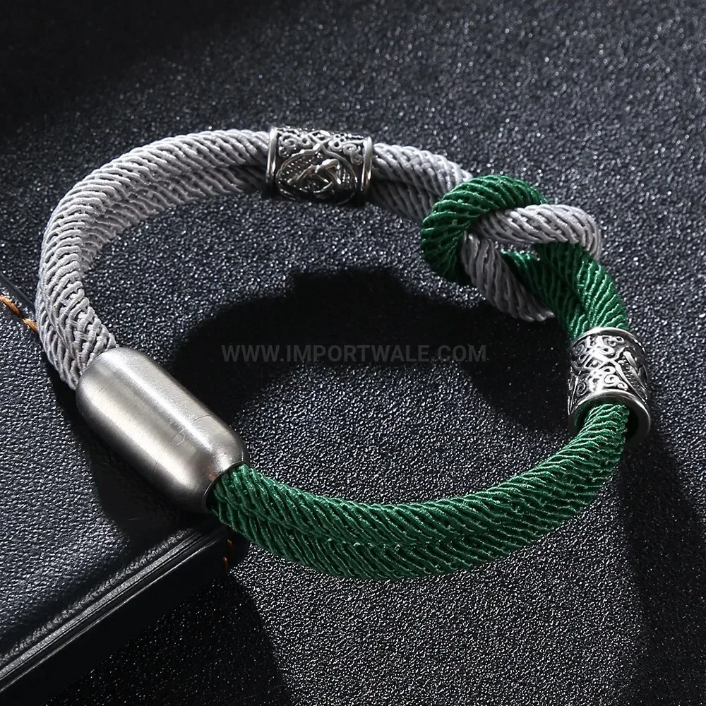 Two-Tone Braided Leather Stainless Steel Knot Bracelet