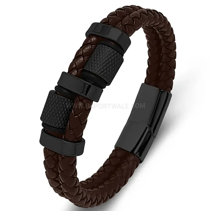 Classic Woven Leather and Stainless Steel Beaded Statement Men Bracelet