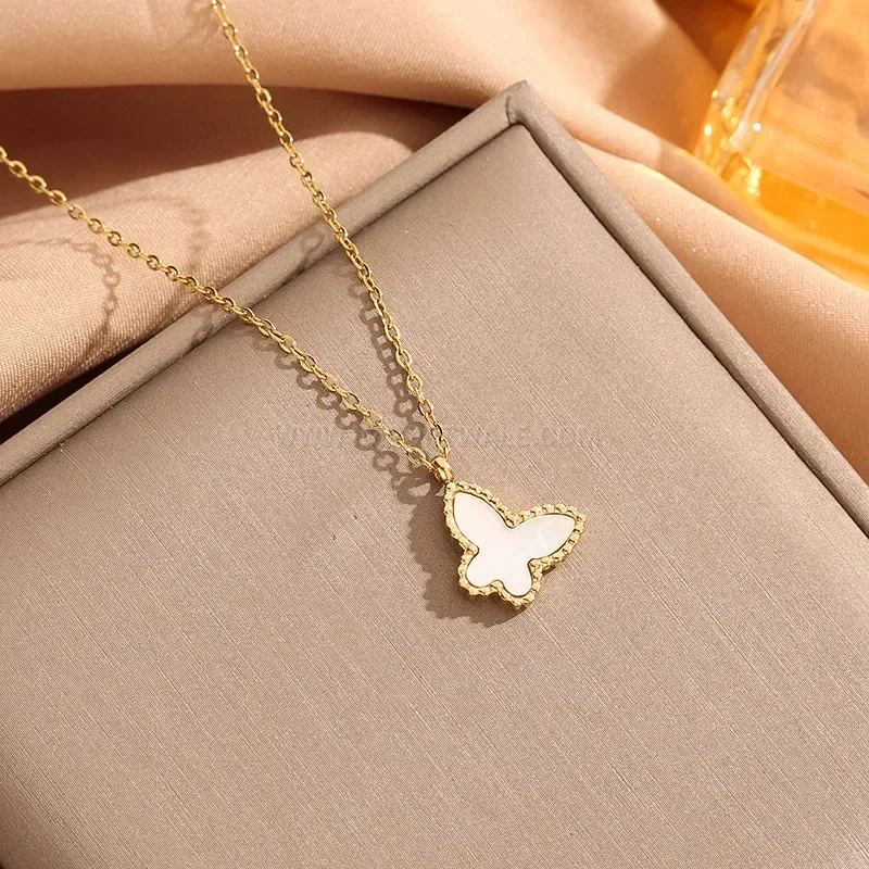 Mother of Pearl Butterfly Pendant Titanium Steel Chain Necklace