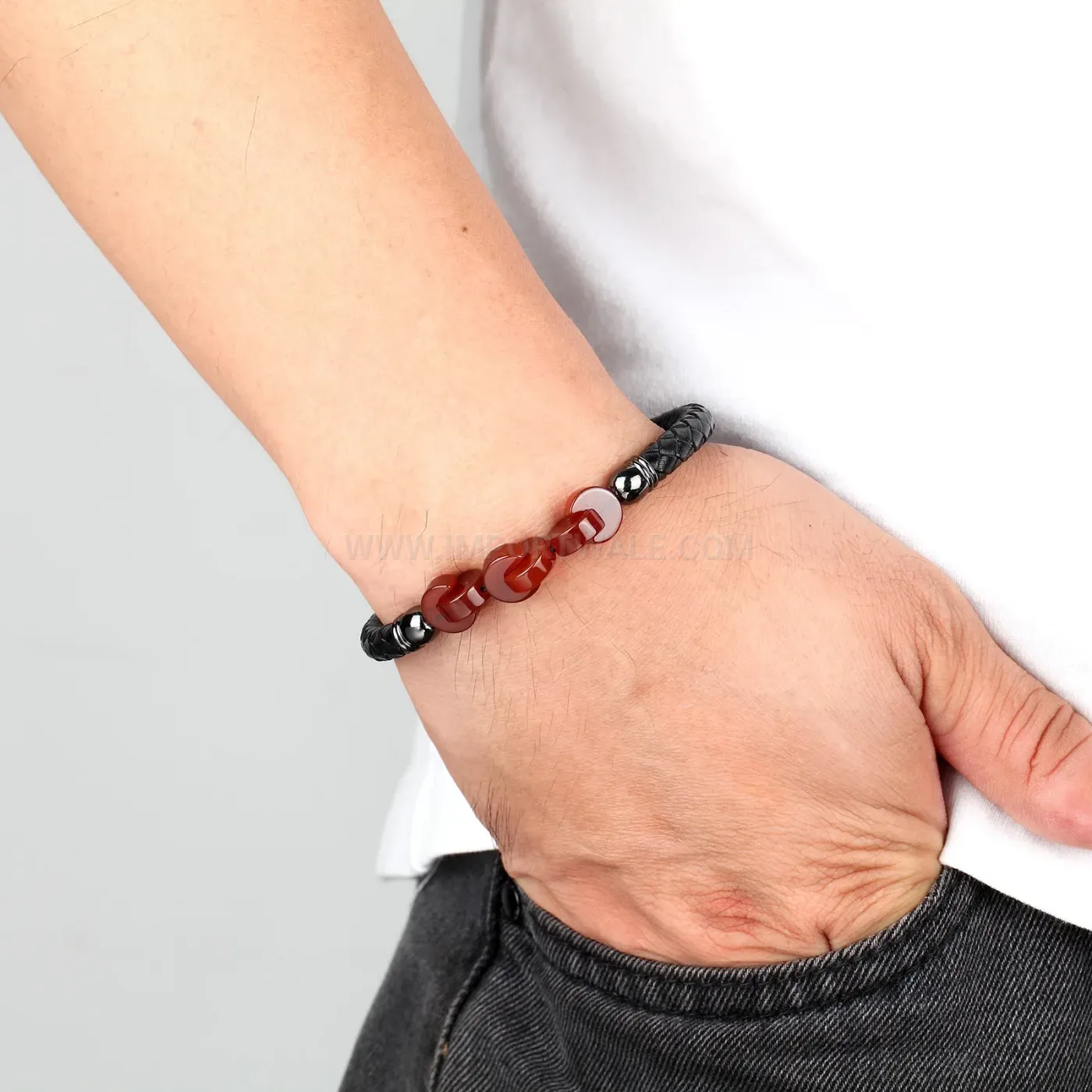 Braided Leather Stone Bracelet with Stainless Steel Clasp