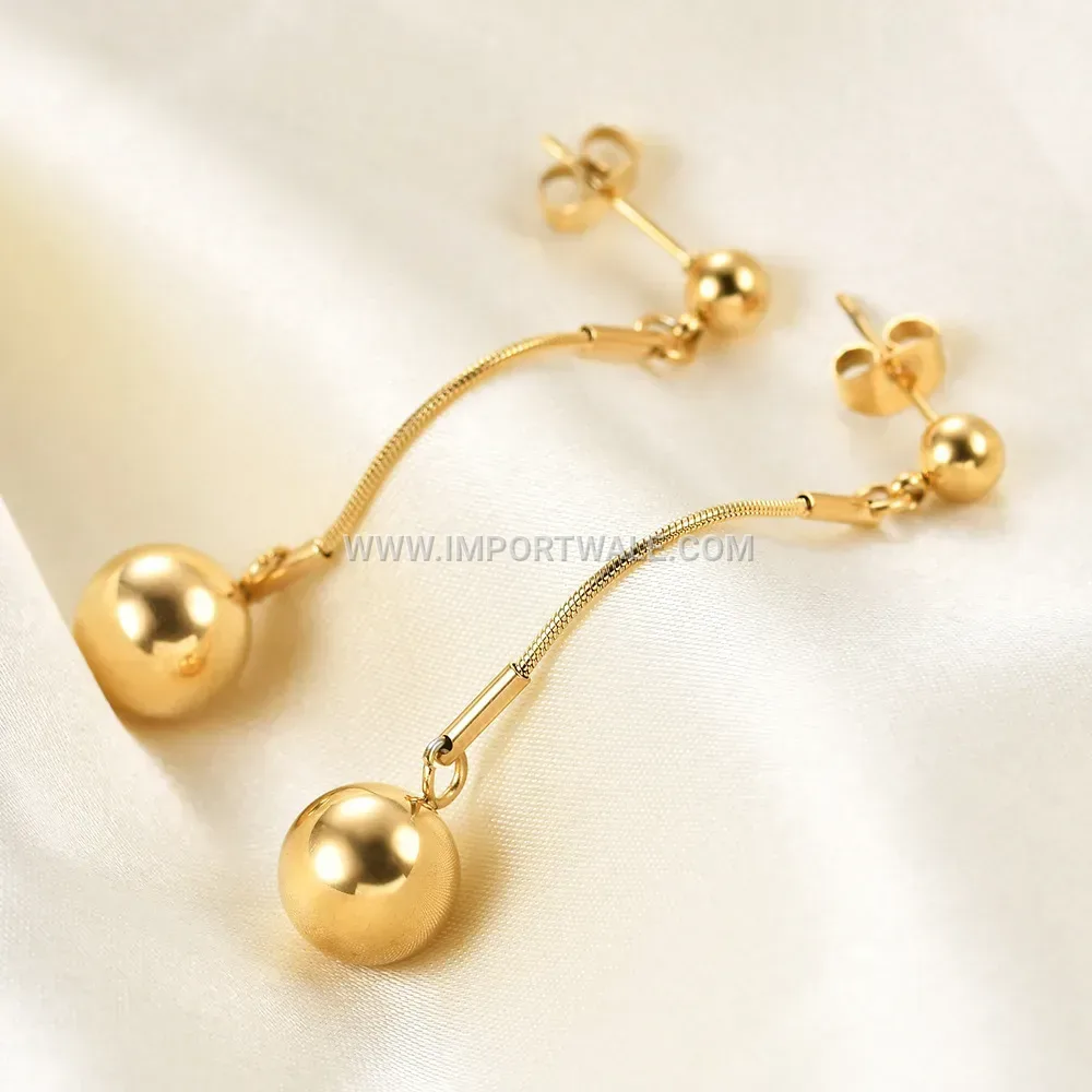 Sleek Stainless Steel Ball Drop Earrings with Gold Finish