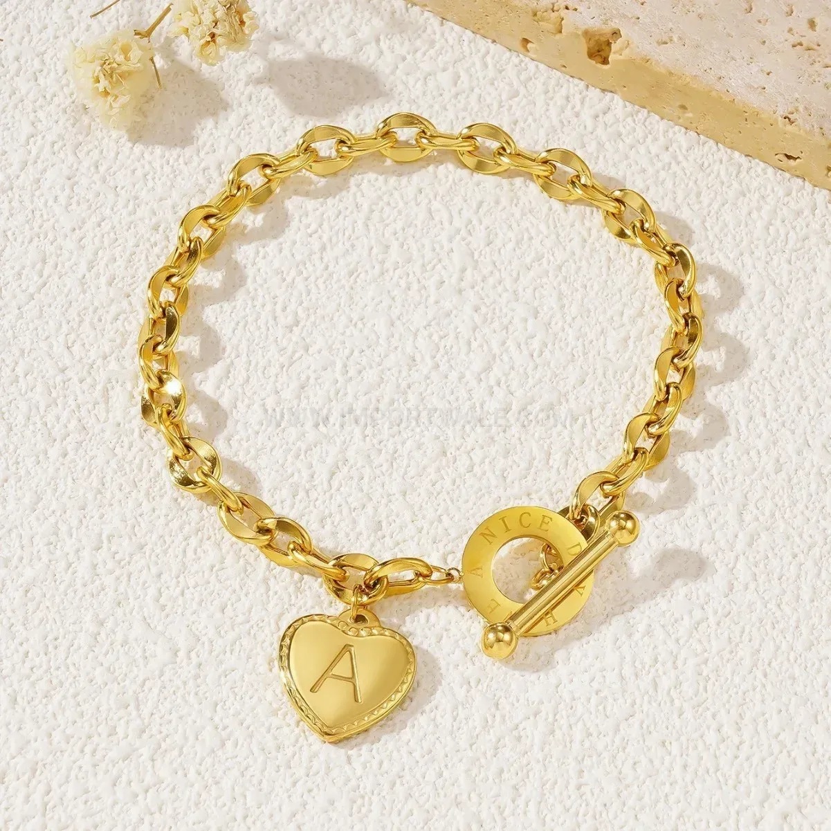 Elegant Heart Initial Charm Titanium Steel Toggle Bracelet