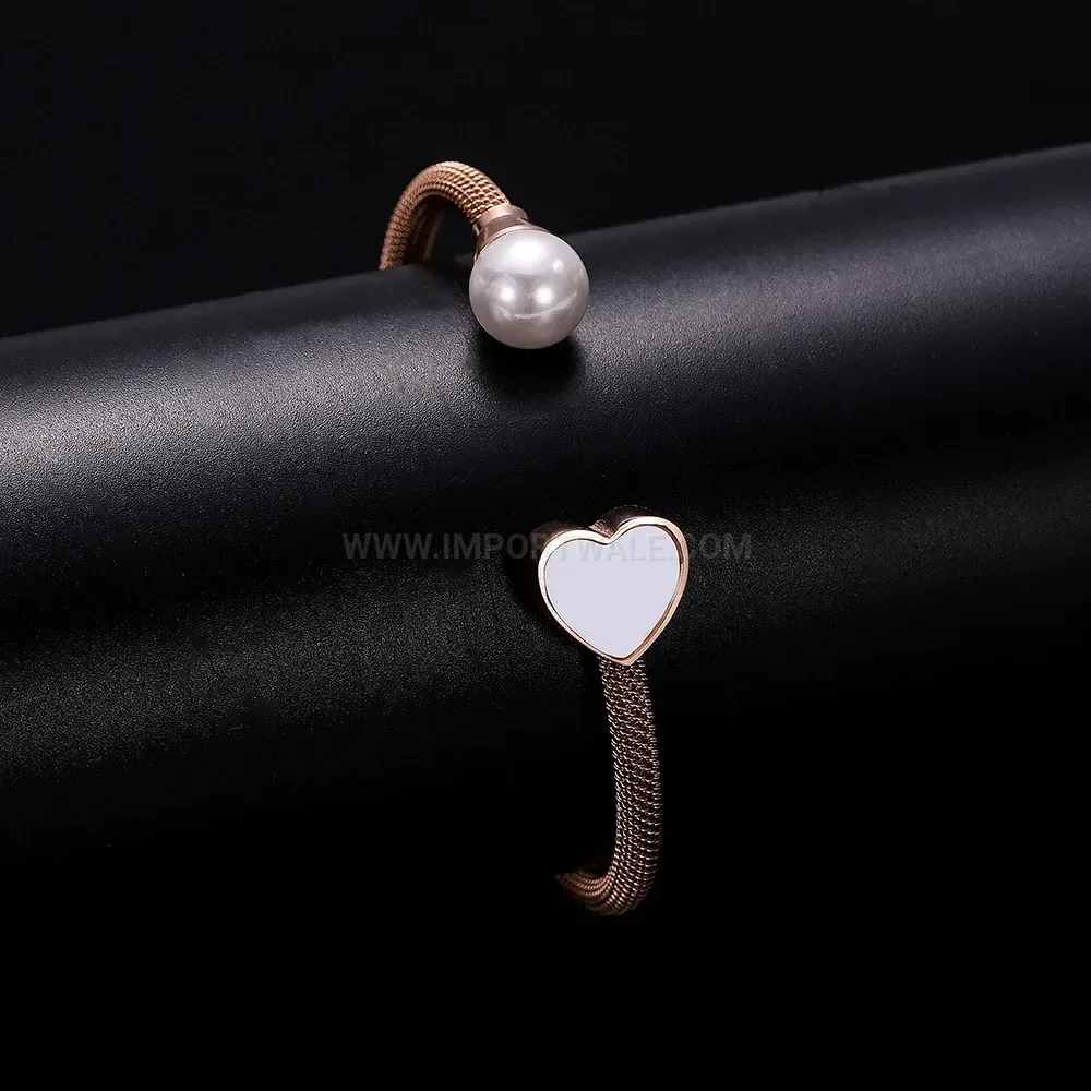 Modern Heart and Pearl Accent Stainless Steel Cable Bangle Bracelet