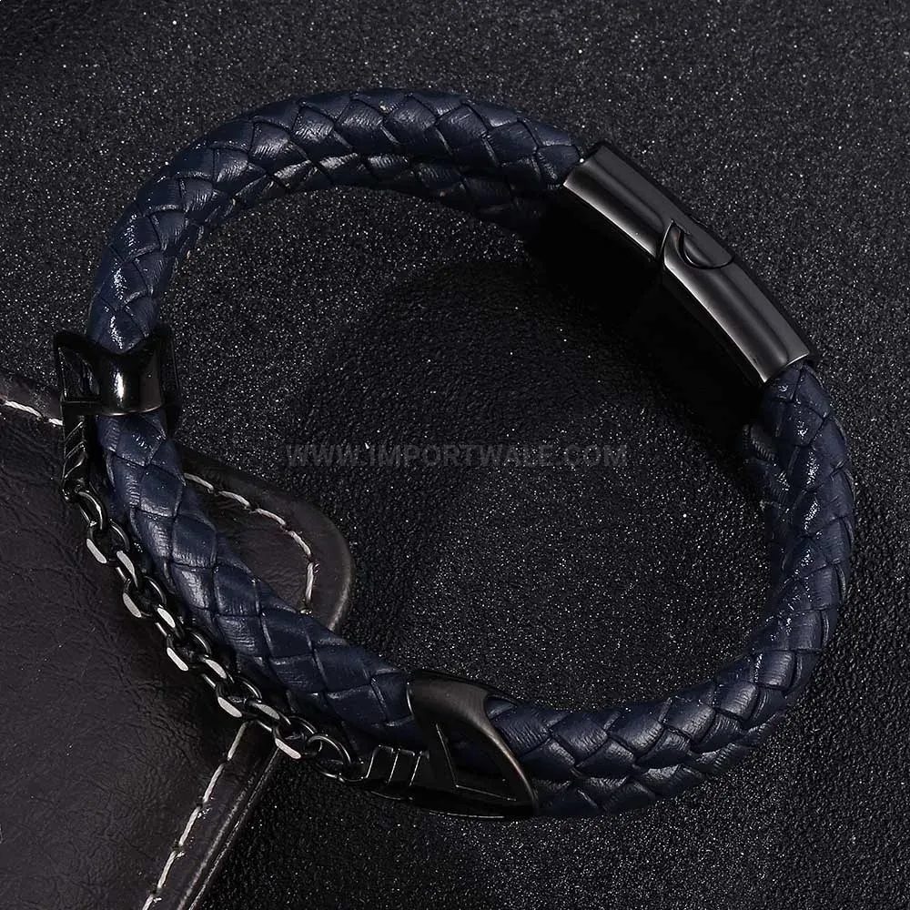 Chic Double-Layer Woven Navy Leather Men's Stainless Steel Clasp Bracelet