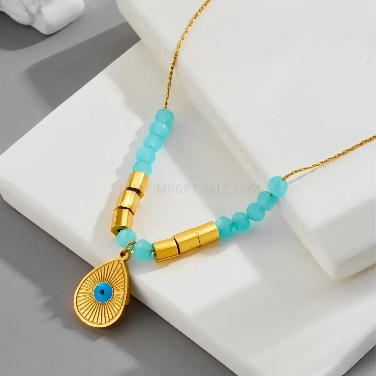 Classic Blue Evil Eye Teardrop Pendant Gold Plated Stainless Steel Necklace