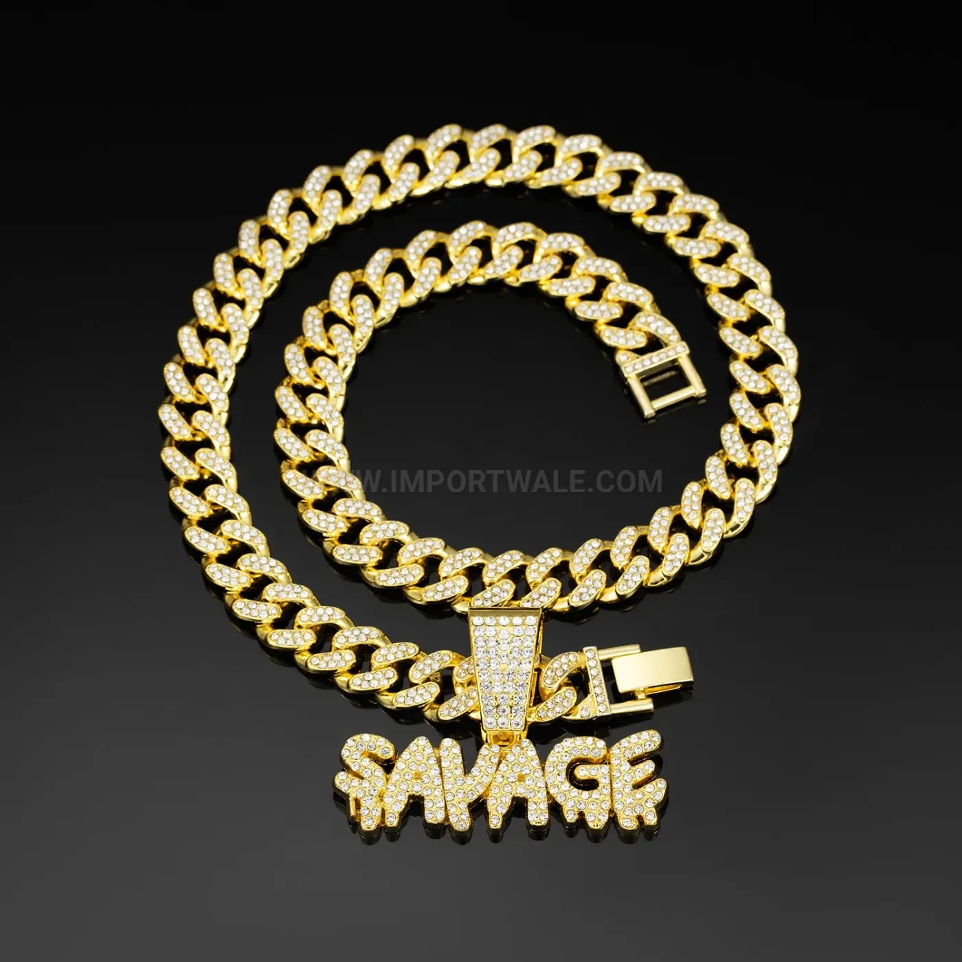 Premium SAVAGE Letter Rhinestone Alloy Cuban Chain Necklace