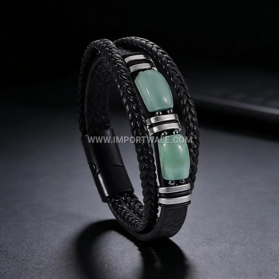 Natural Gemstone Stacked Leather Bracelet with Magnetic Clasp