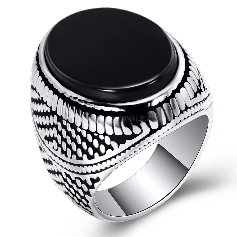 Fashion Vintage Textured Stainless Steel Gemstone Band Ring