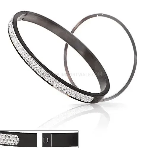Designer Three-Row Czech Crystal Stainless Steel Bangle