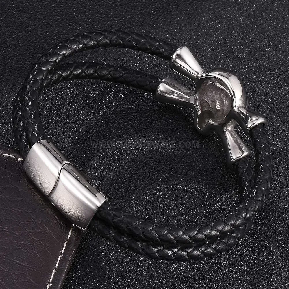 Stainless Steel Skull Accent Vintage Leather Bracelet