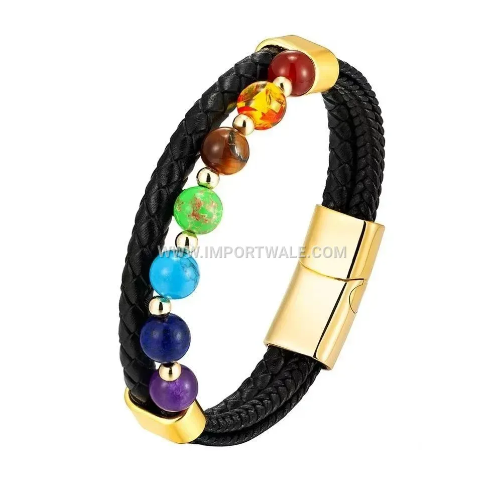 Beaded Stone Leather Band with Metallic Magnetic Closure
