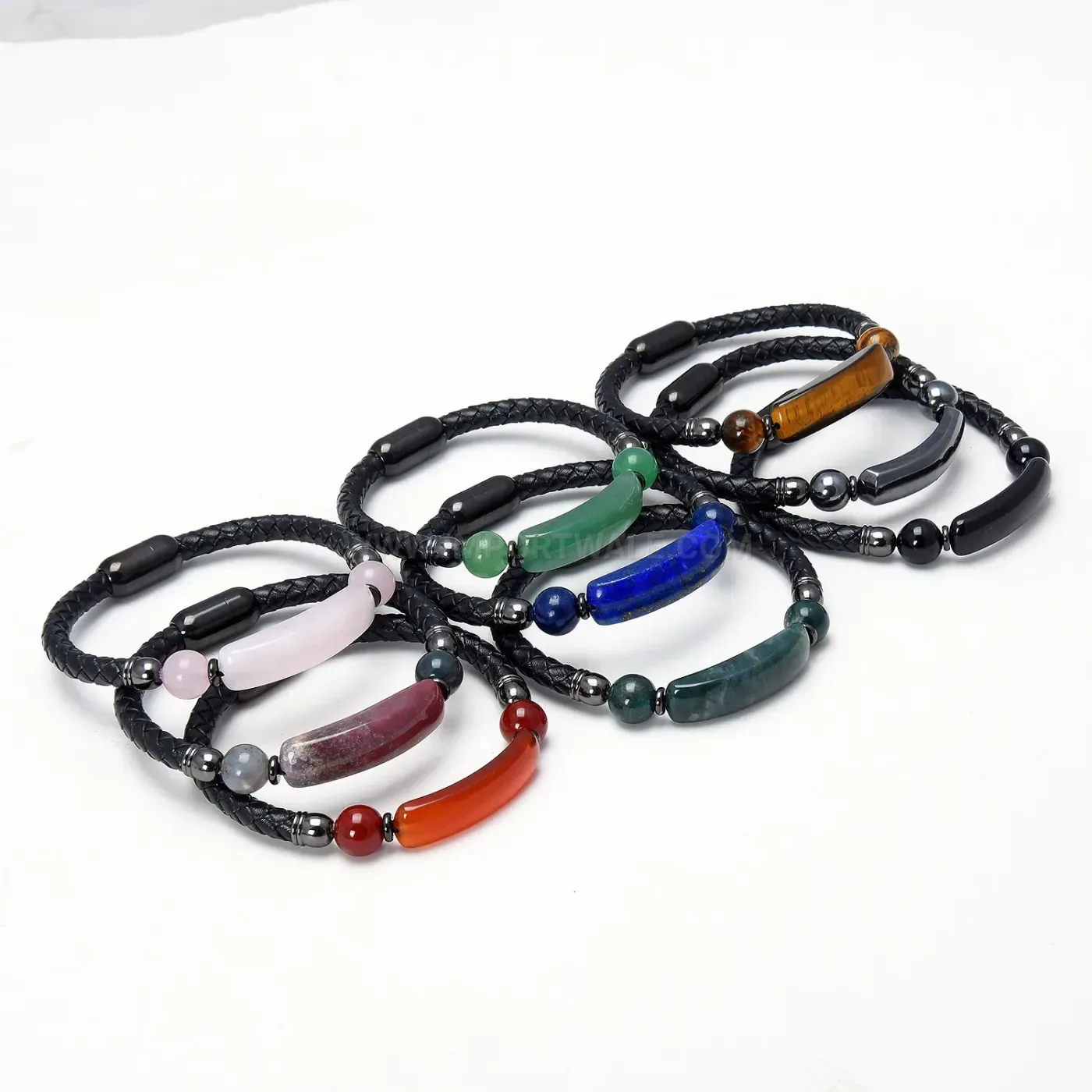 Woven Leather Stone Bracelet with Stainless Steel Clasp
