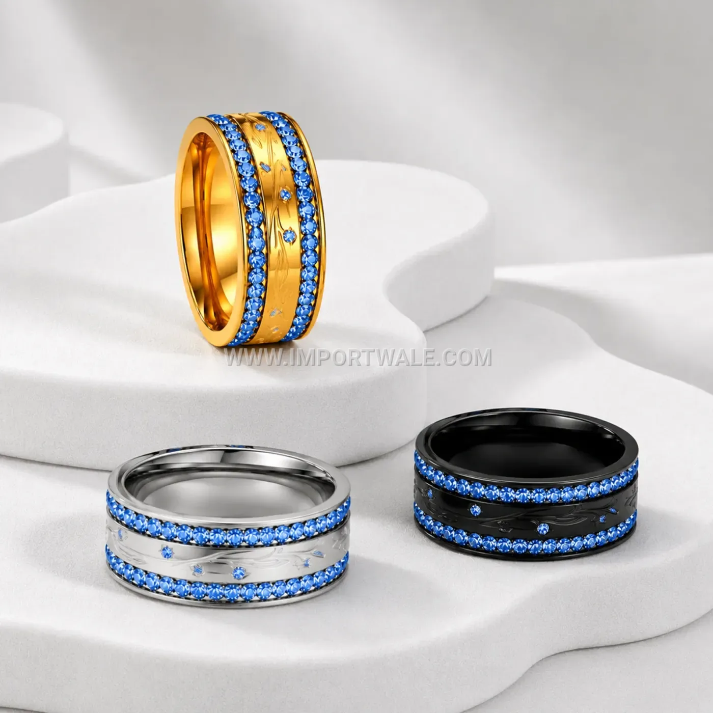 Carved Stainless Steel Band with Double Crystal Row