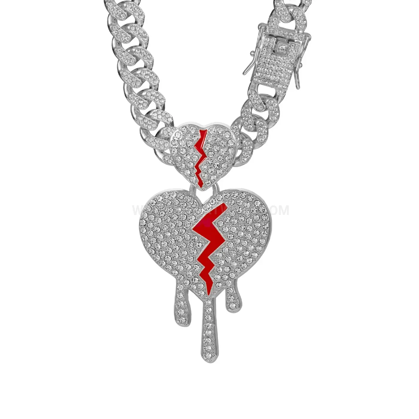 Elegant Rhinestone Broken Heart Pendant Cuban Chain Necklace