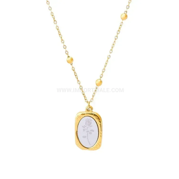 Premium Oval Rose Pendant Titanium Steel Necklace with Gold Mirror Finish