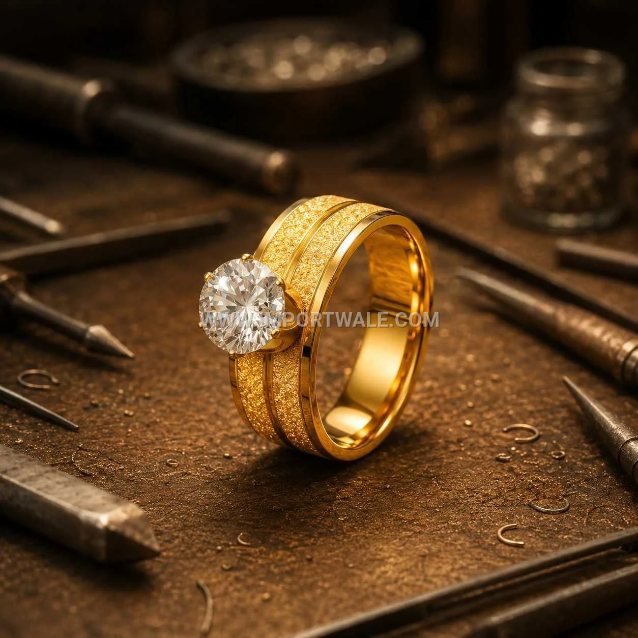 Six Prong Zircon Gold Plated Stainless Steel Band Ring