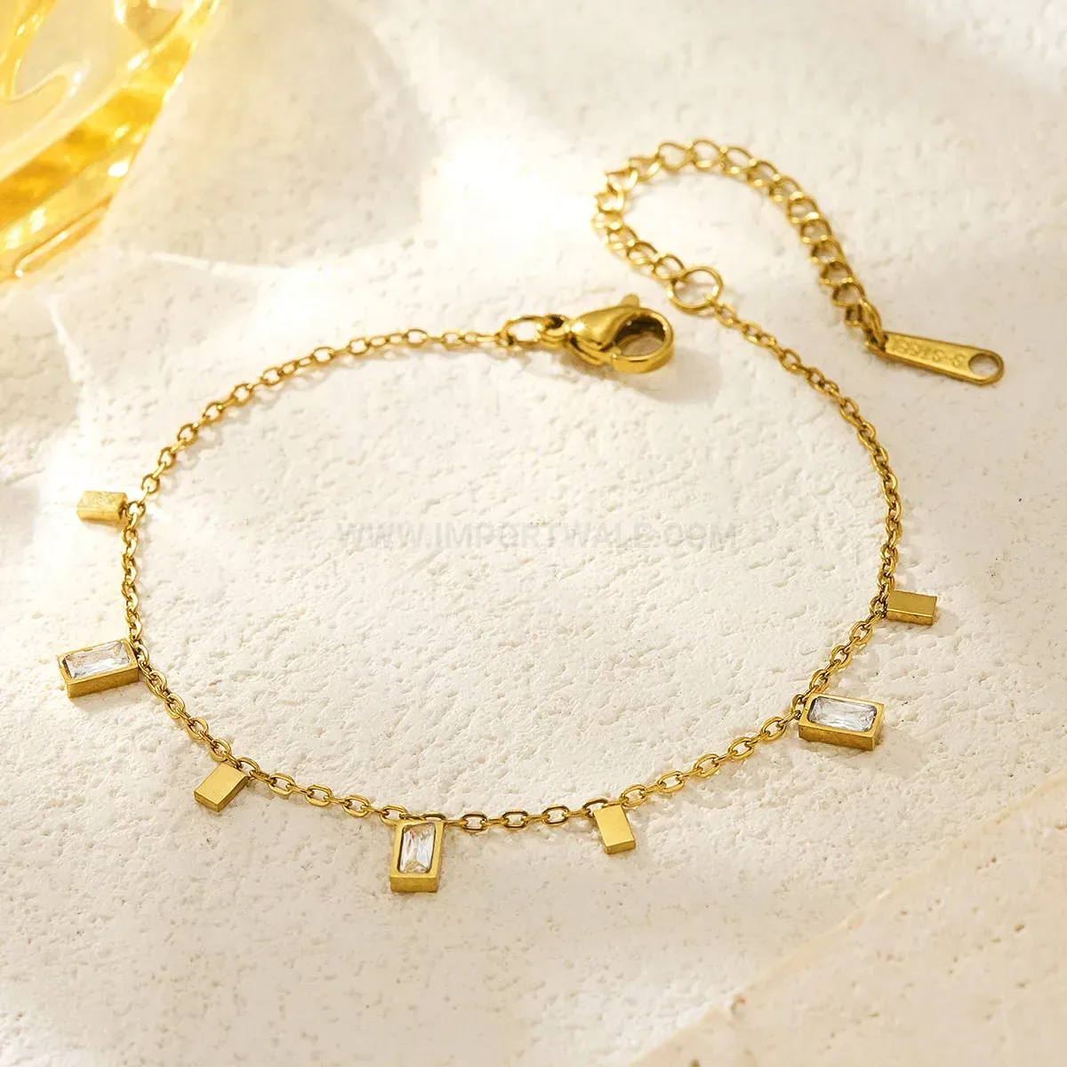 Gold Plated Stainless Steel Square Crystal Charm Bracelet