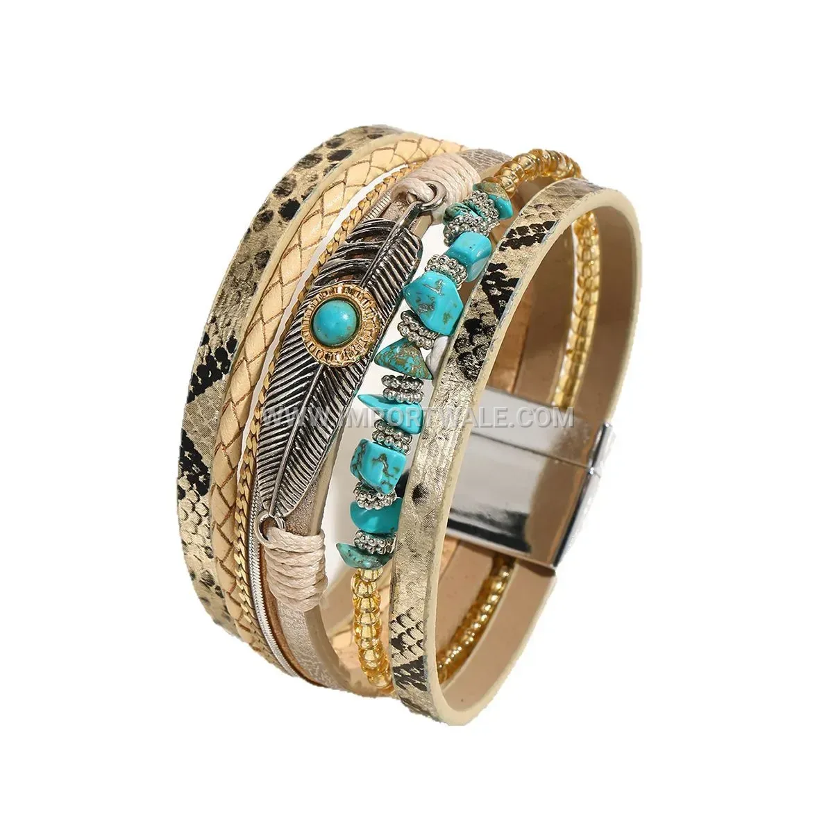 Bohemian Leather Feather Bracelet with Turquoise Accents