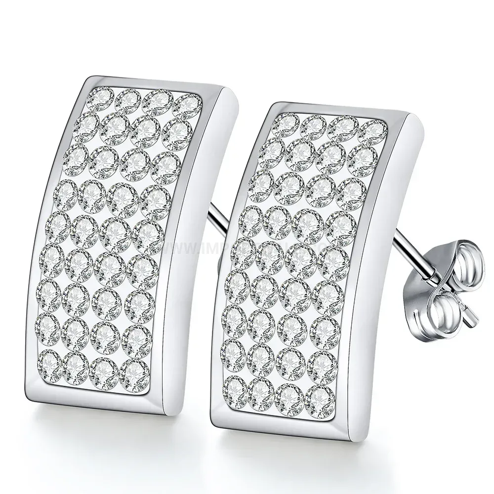 Premium Sparkling Four-Row Rhinestone Rectangular Stainless Steel Stud Earrings