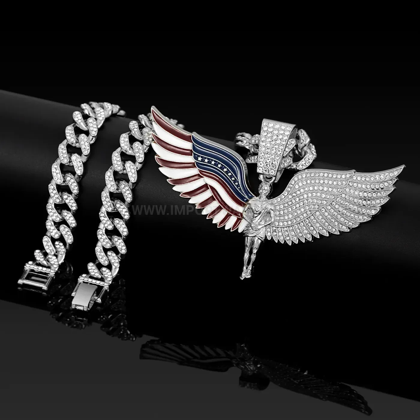 Iced Out Angel Wings US Flag Pendant Cuban Chain Necklace