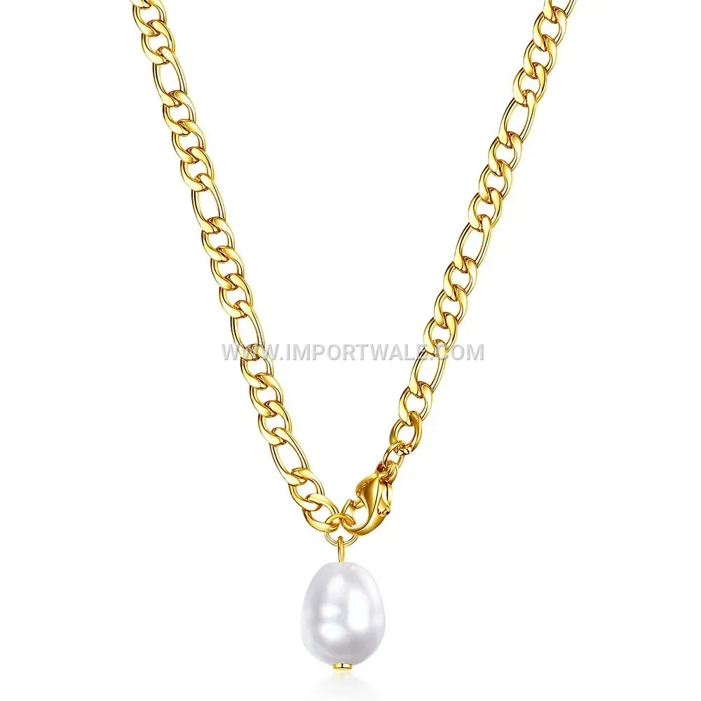 Stainless Steel Figaro Chain Imitation Pearl Pendant Clavicle Necklace