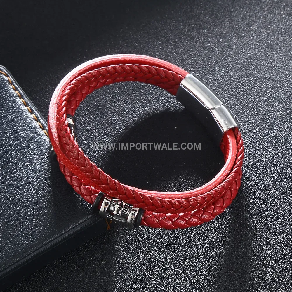 Layered Braided Leather Rope Bracelet with Stainless Steel Hardware