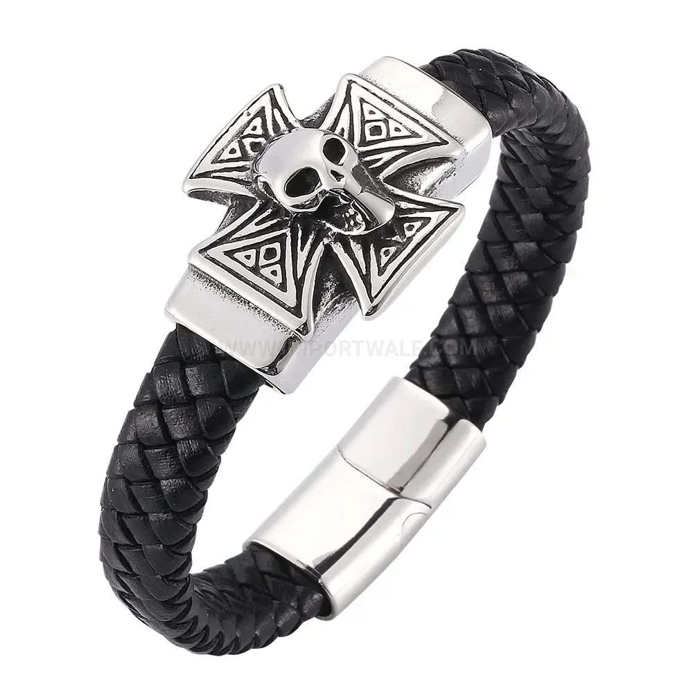 Edgy Skull Cross Stainless Steel Leather Cuff Bracelet