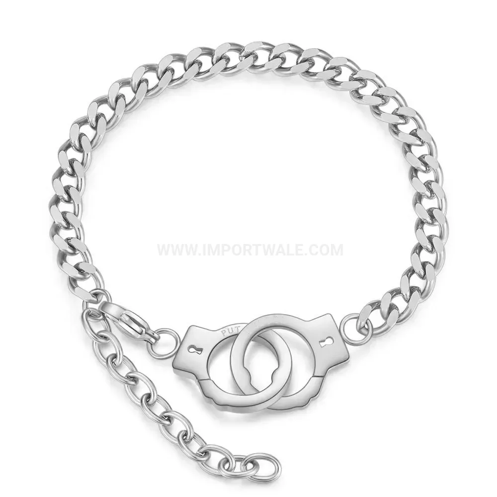 Polished Stainless Steel Handcuff Charm Chain Link Bracelet