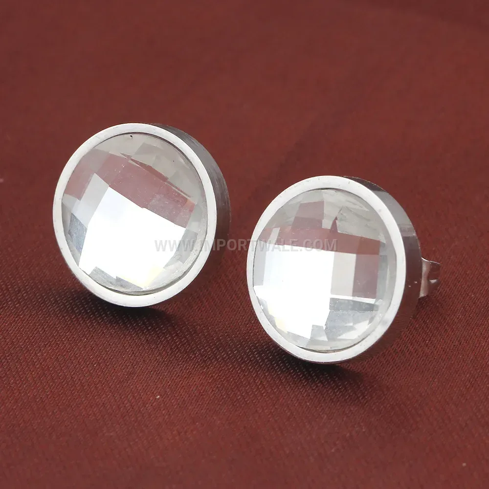 Faceted Round Glass Stainless Steel Stud Earrings