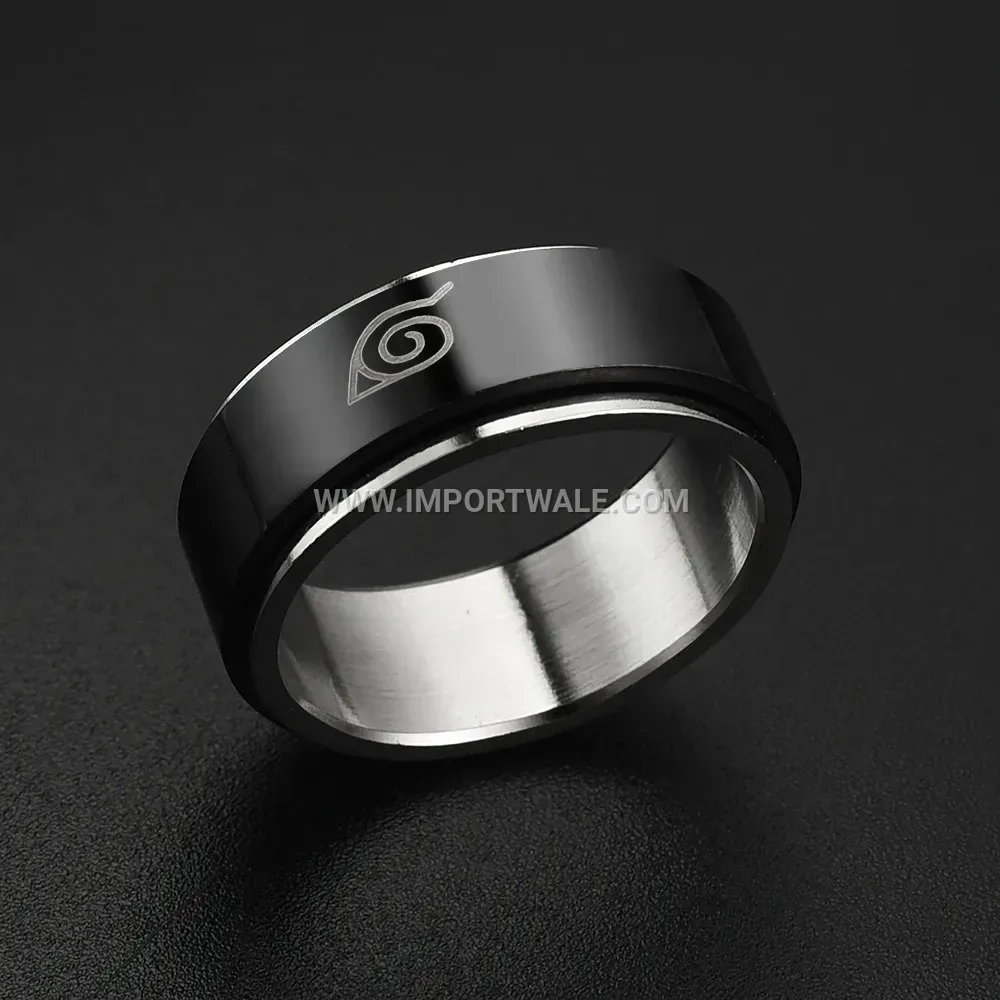 Spinning Black Stainless Steel Anime Patterned Band Ring