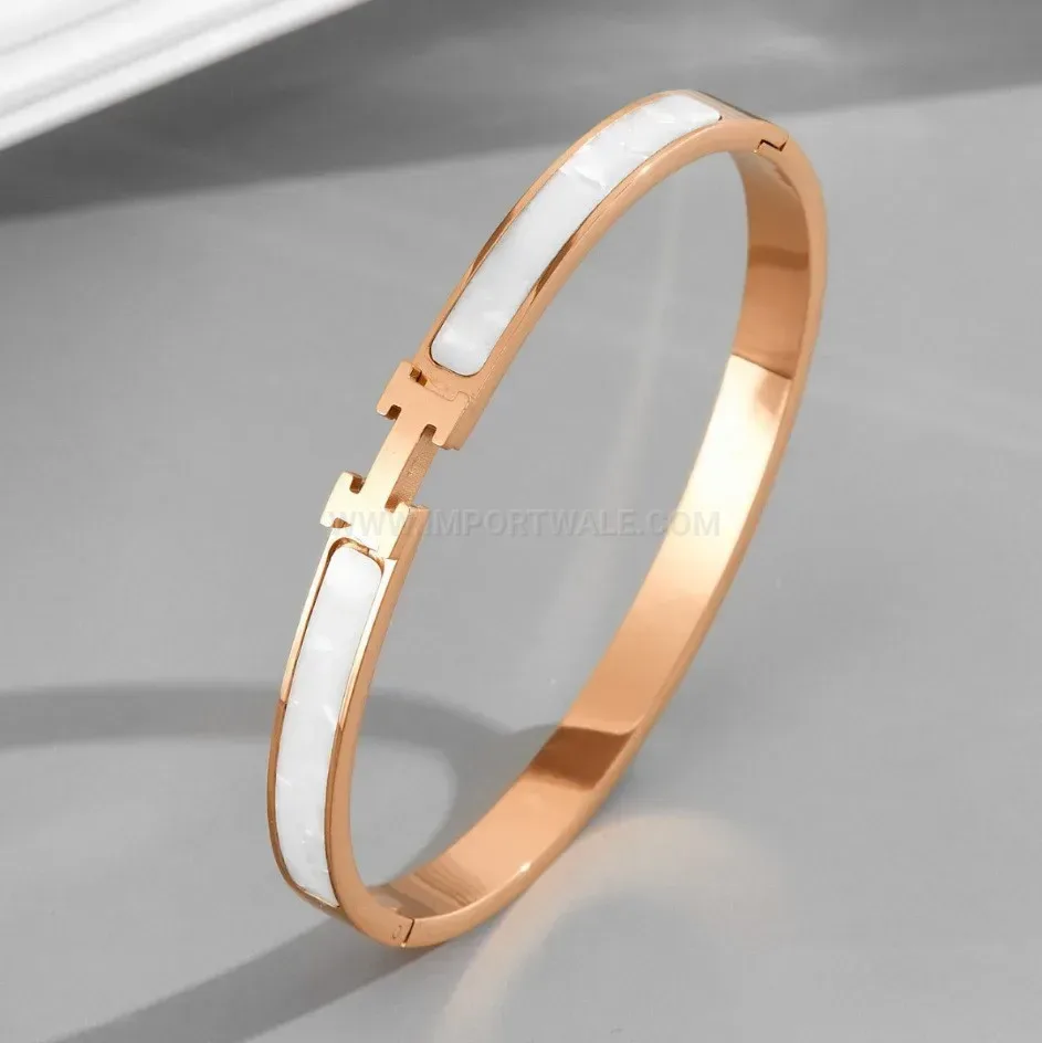 White Shell H-Inlay Clasp Titanium Steel Bangle