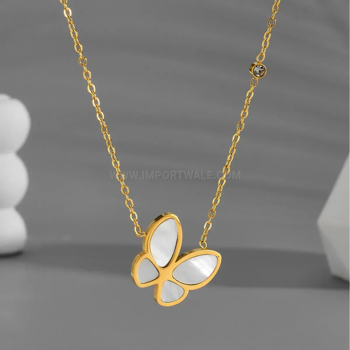 Bold Gold Plated Stainless Steel Butterfly Charm Crystal Pendant Necklace