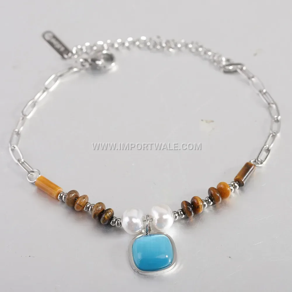Square Sapphire Stainless Steel Beaded Charm Bracelet