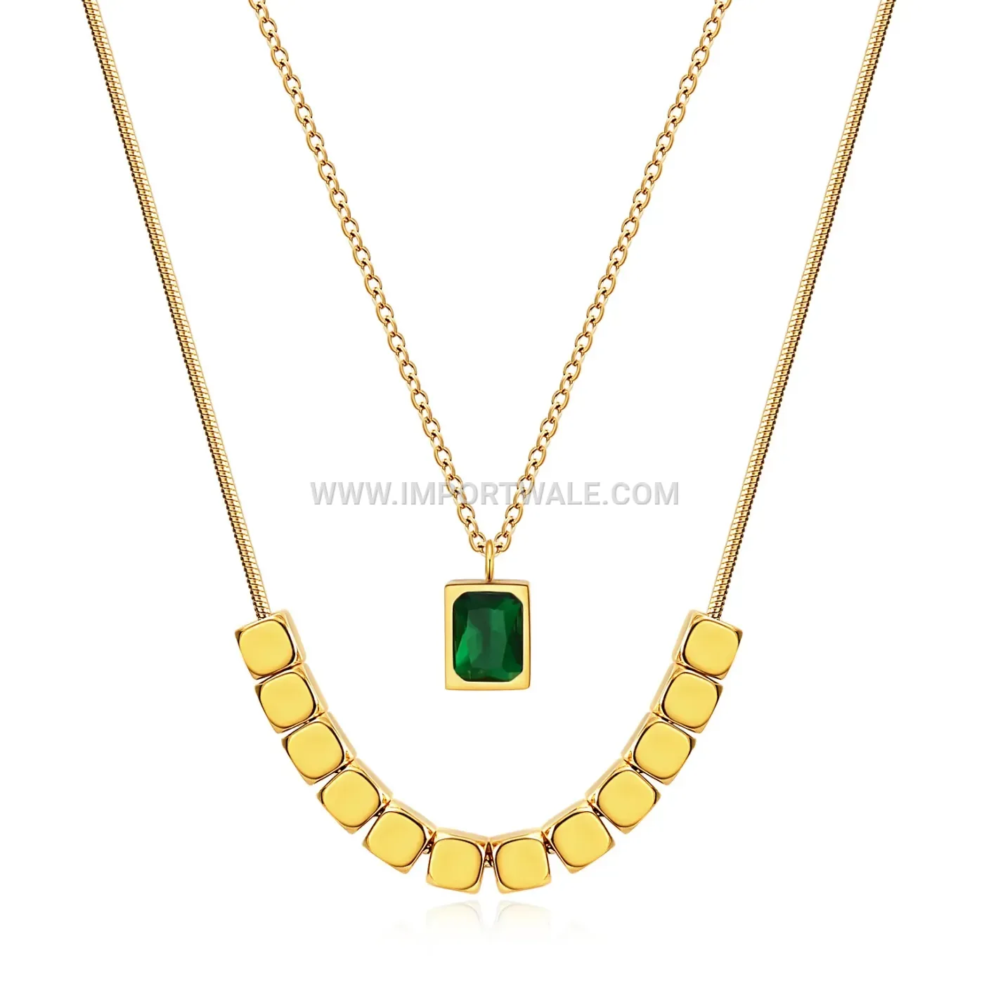 Layered Geometric Stainless Steel Cubic Zirconia Pendant Necklace