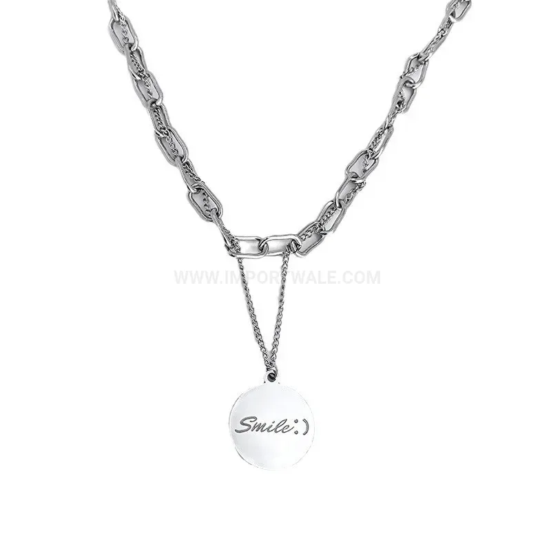 Trendy Multi Layer Titanium Steel Double Smile Round Tag Pendant Necklace