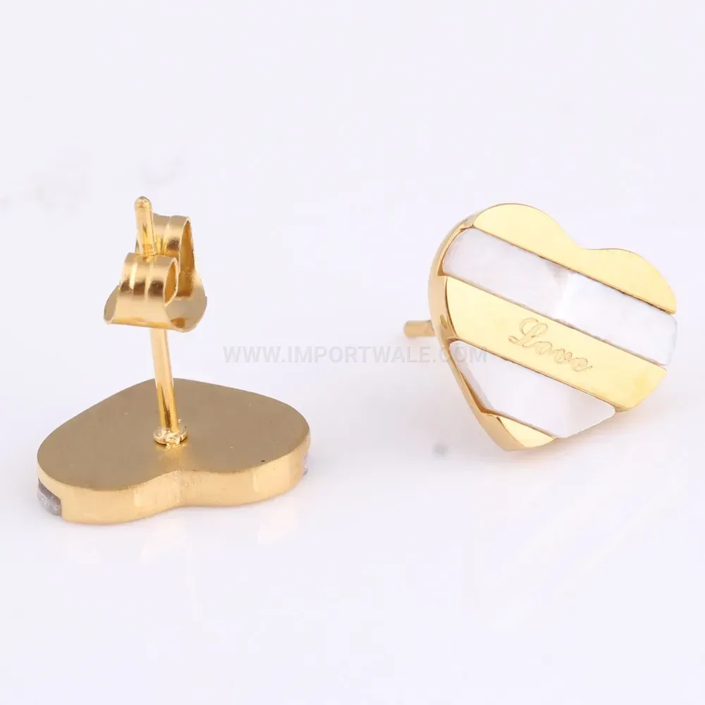 Classic Gold Stainless Steel Striped Heart Stud Earrings