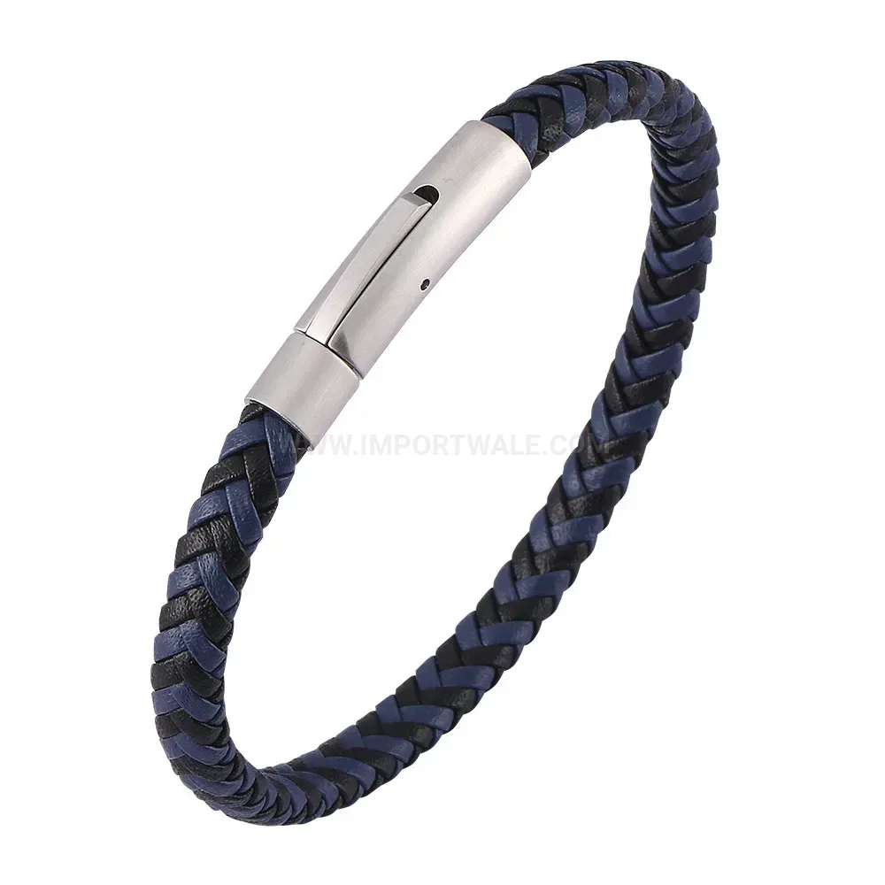 Braided Leather and Stainless Steel Snap Clasp Men's Bracelet