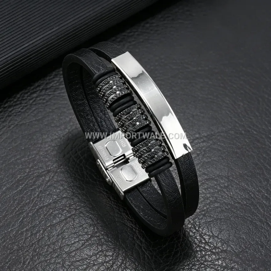 Stainless Steel Bead Braided Black Leather Men's Wristband