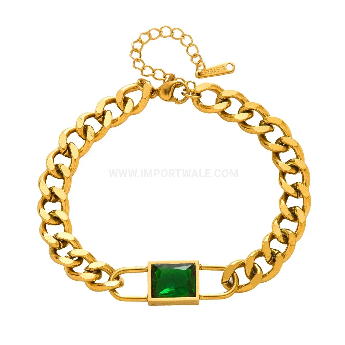 Stainless Steel Square Lock Bracelet with Green Zircon