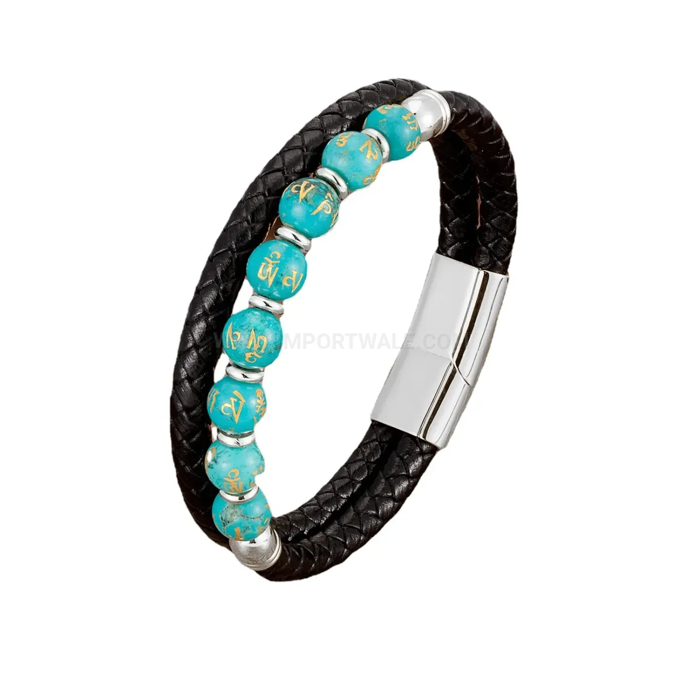 Vintage Beaded Leather Bracelet with Stainless Steel Magnetic Clasp