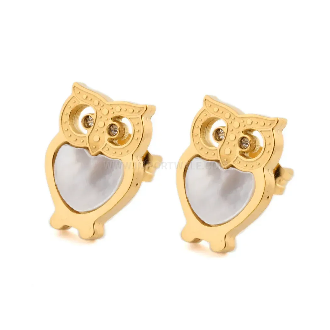 Fashion Minimalist Stainless Steel Owl Stud Earrings with Shell Inlay