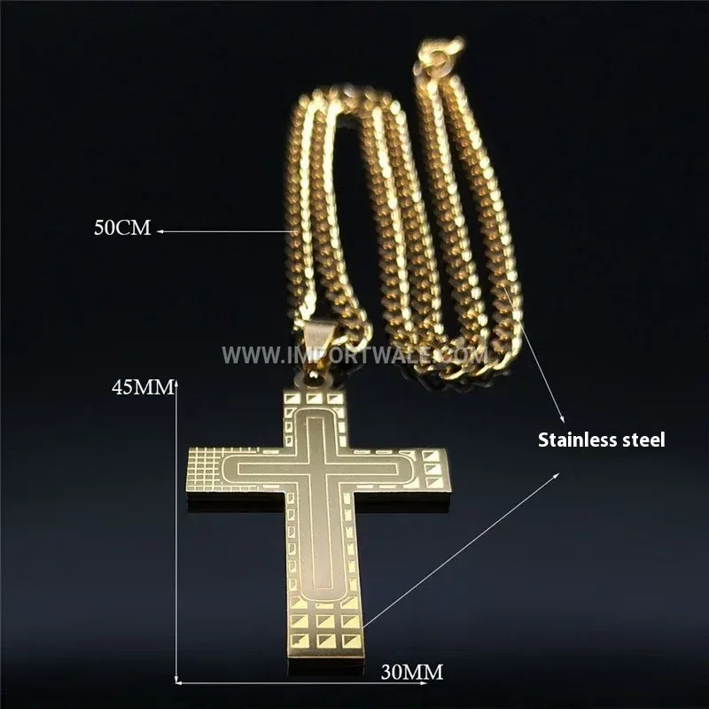 Gold Plated Stainless Steel Cross Pendant Necklace with Geometric Lines