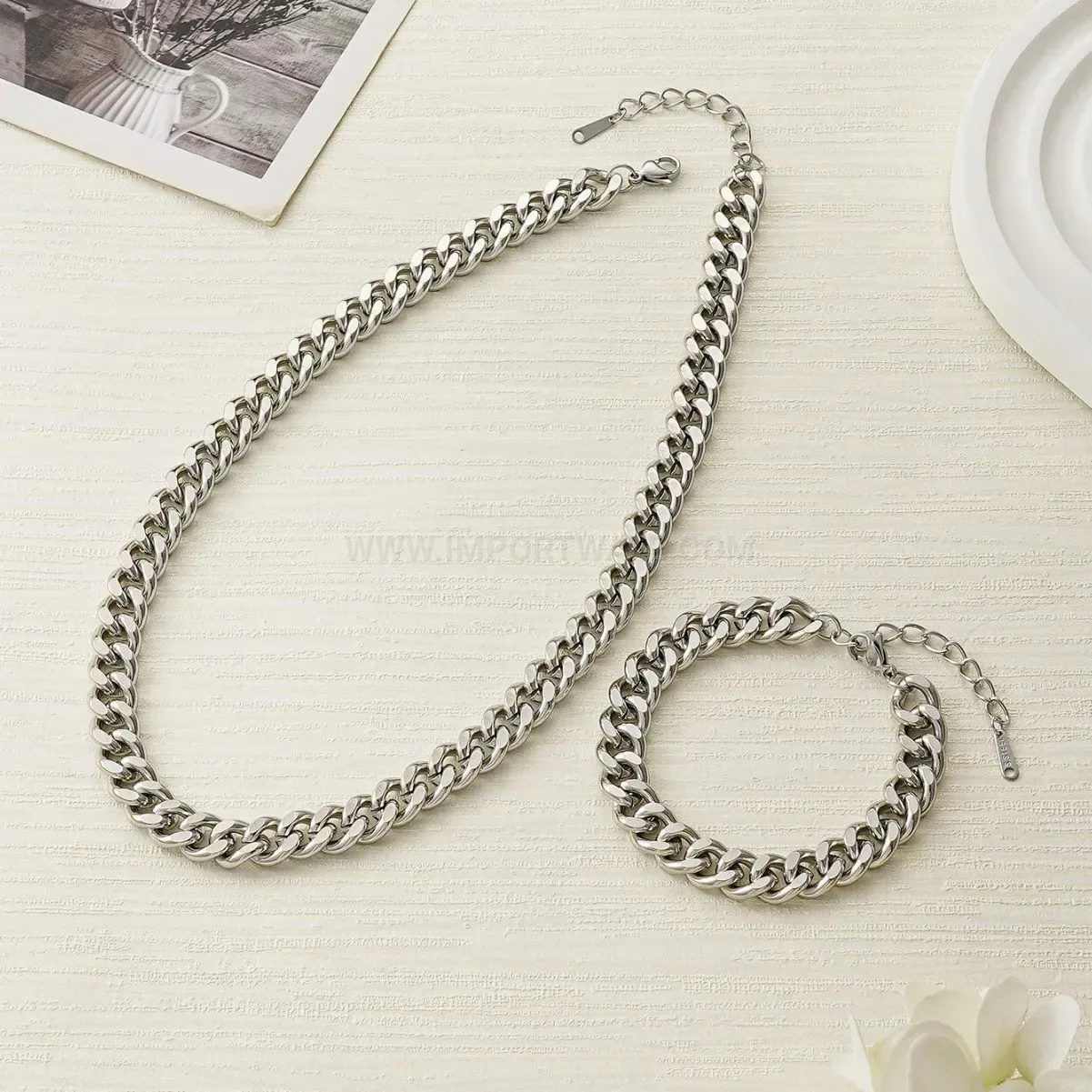 Trendy Chunky Stainless Steel Flat Cuban Link Jewelry Set