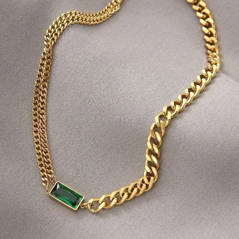 Vintage Titanium Steel Emerald Zircon Geometric Choker Necklace