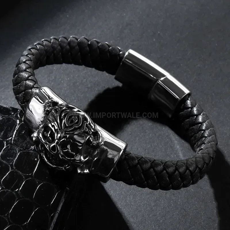 Elegant Demon Motif Stainless Steel Accent Wide Leather Band Bracelet
