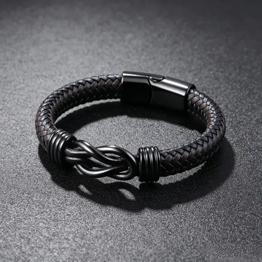 Premium Braided Leather Infinity Charm Bracelet with Magnetic Clasp