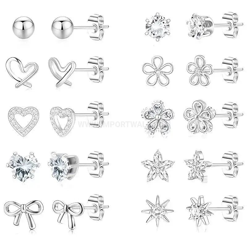 Modern Luxury Stainless Steel Rose Heart Zircon Piercing Stud Earrings