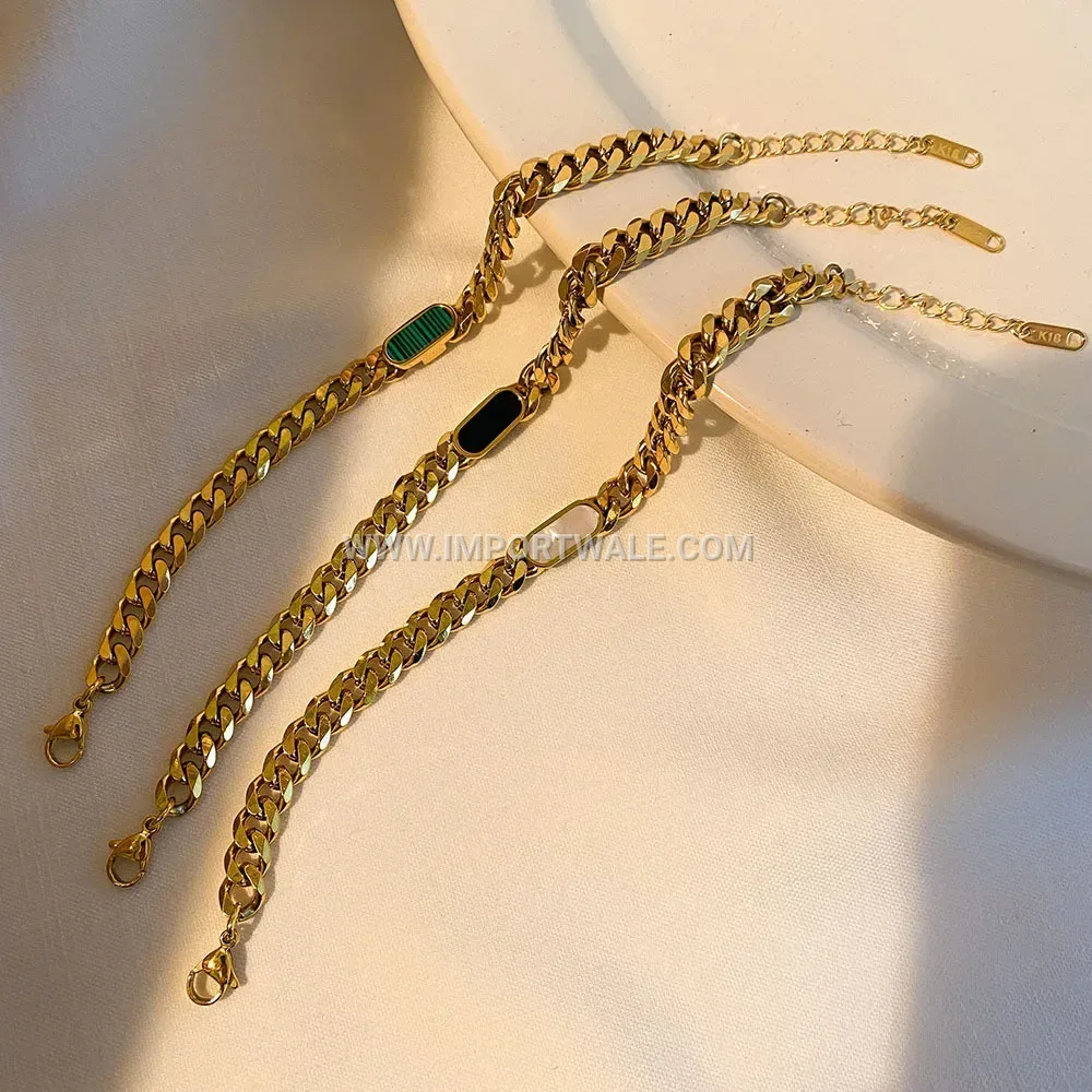 Curved Cuban Stainless Steel Bracelet with Faux Malachite Inlay