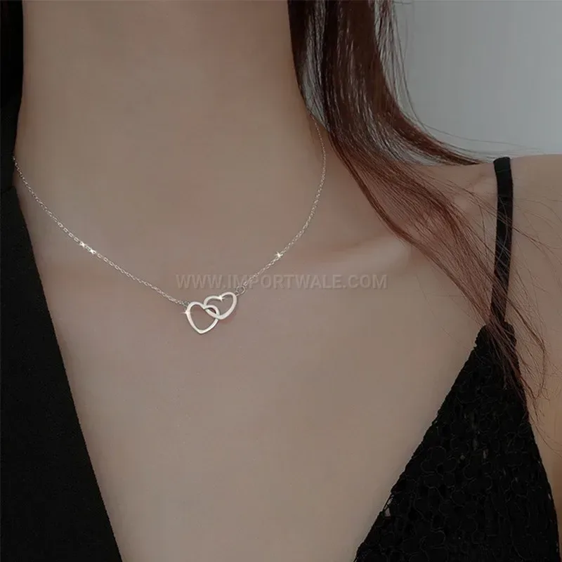 Bold Delicate Double Ring Heart Pendant Gold Titanium Steel Necklace