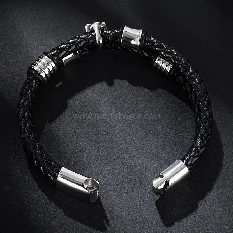Elegant Handcrafted Double Layer Leather Skull Bracelet in Stainless Steel